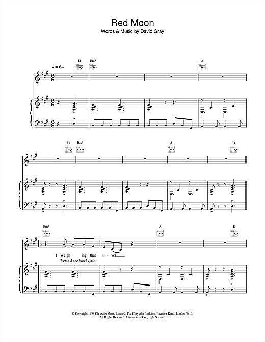 David Gray Red Moon sheet music notes and chords. Download Printable PDF.