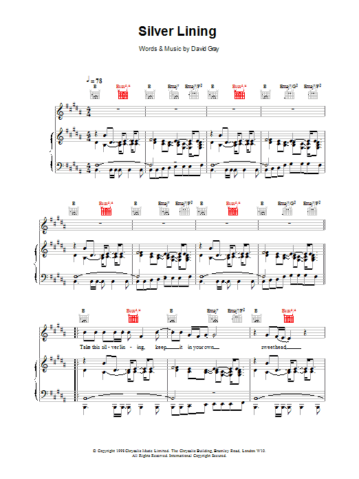 David Gray Silver Lining sheet music notes and chords. Download Printable PDF.