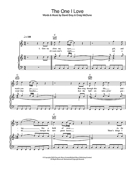 David Gray The One I Love sheet music notes and chords. Download Printable PDF.