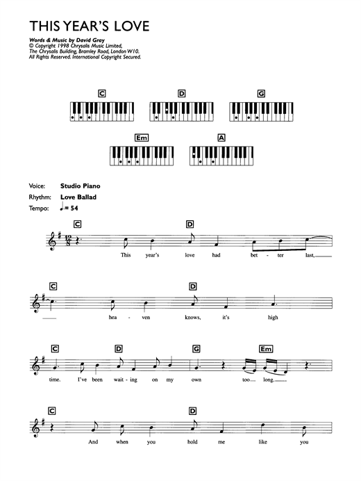 Learn to play David Gray This Year's Love sheet music for Keyboard (Abridged) in minutes. David Gray This Year's Love sheet music notes and chords. Download Printable PDF.