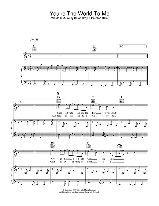 Learn to play David Gray You're The World To Me sheet music for Piano, Vocal & Guitar in minutes. David Gray You're The World To Me sheet music notes and chords. Download Printable PDF.