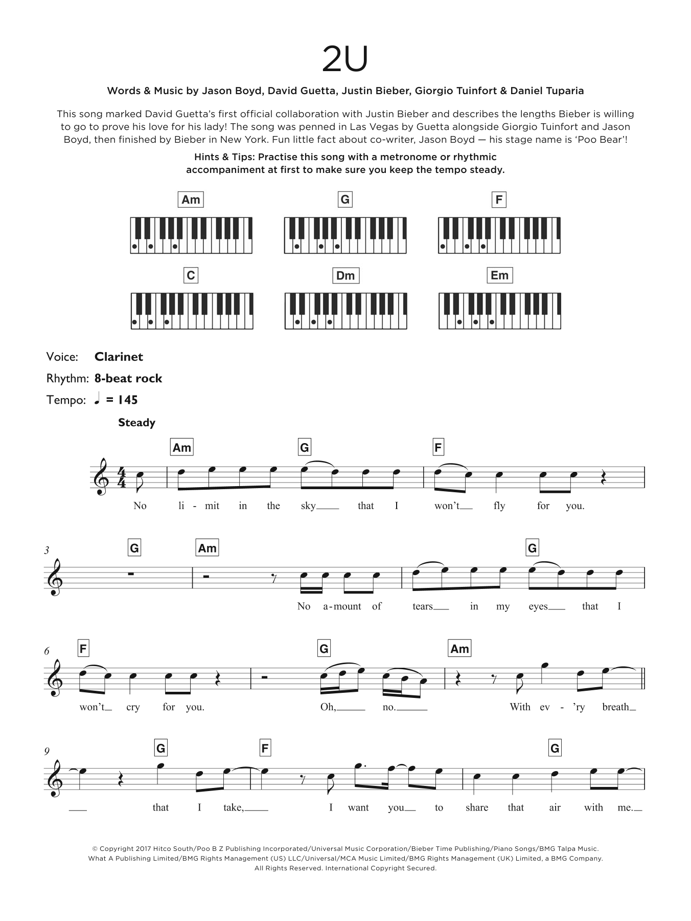 David Guetta 2U (feat. Justin Bieber) sheet music notes and chords. Download Printable PDF.