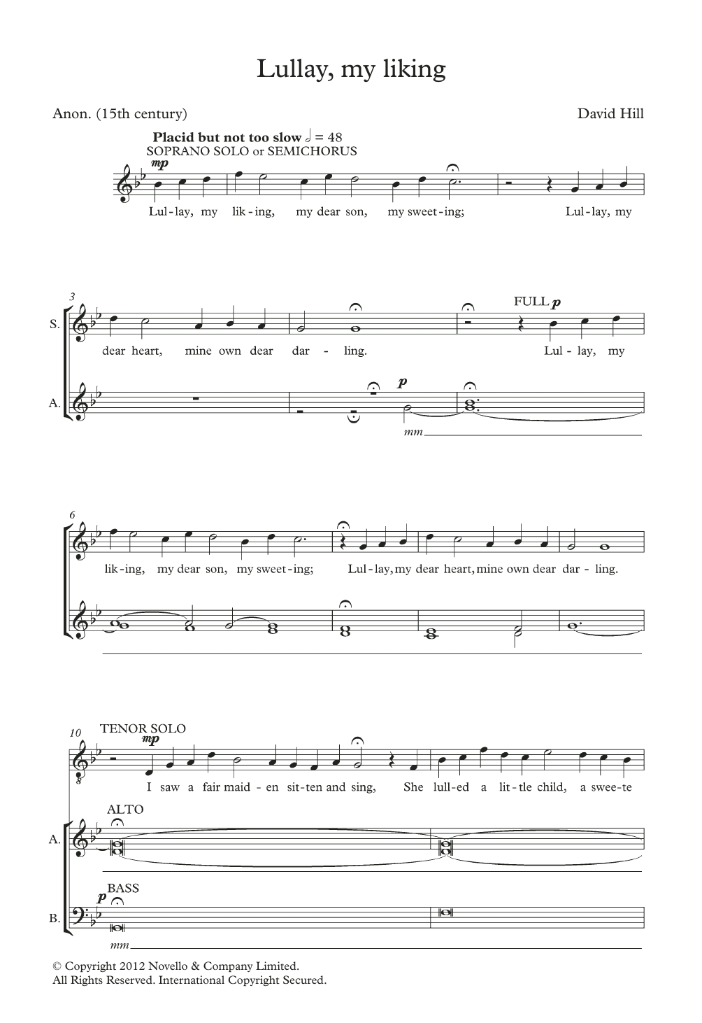 David Hill Lullay, My Liking sheet music notes and chords. Download Printable PDF.