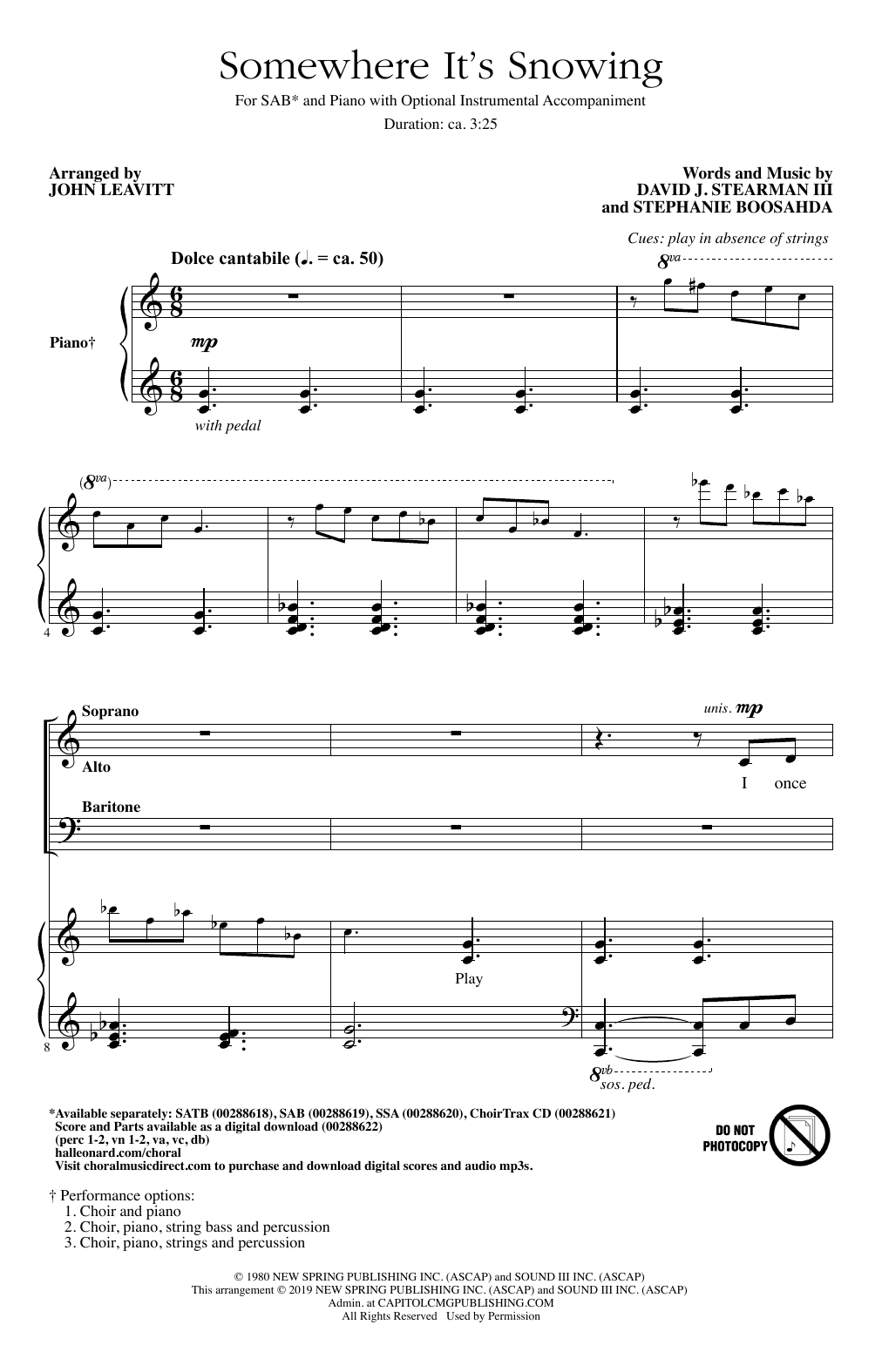 David J. Stearman III & Stephanie Boosahda Somewhere It's Snowing (arr. John Leavitt) sheet music notes and chords arranged for SAB Choir