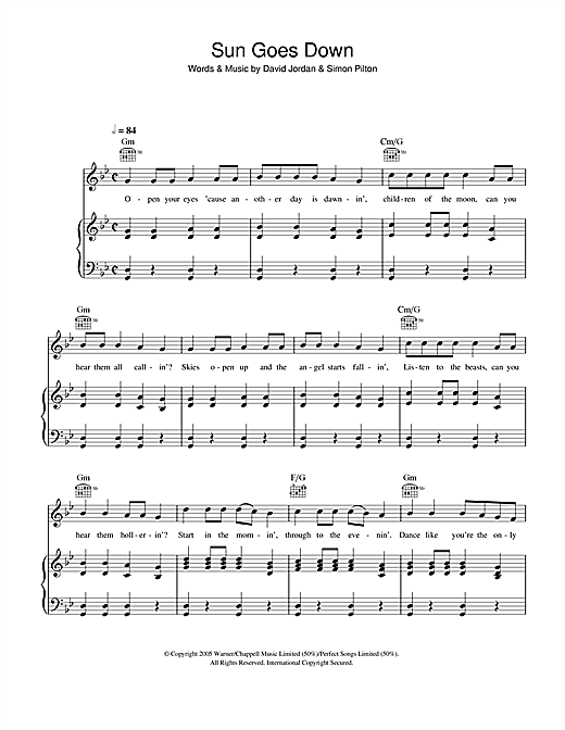 David Jordan Sun Goes Down sheet music notes and chords. Download Printable PDF.
