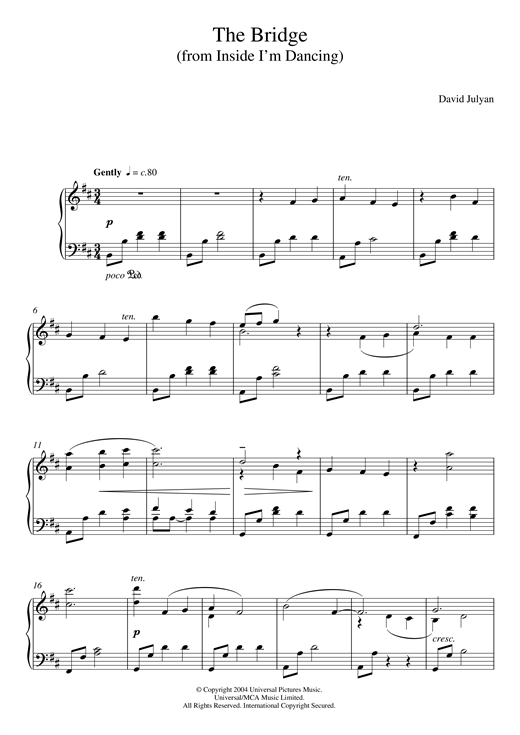 Learn to play David Julyan The Bridge (from 'Inside I'm Dancing') sheet music for Piano Solo in minutes. David Julyan The Bridge (from 'Inside I'm Dancing') sheet music notes and chords