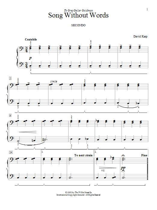 David Karp Song Without Words sheet music notes and chords. Download Printable PDF.