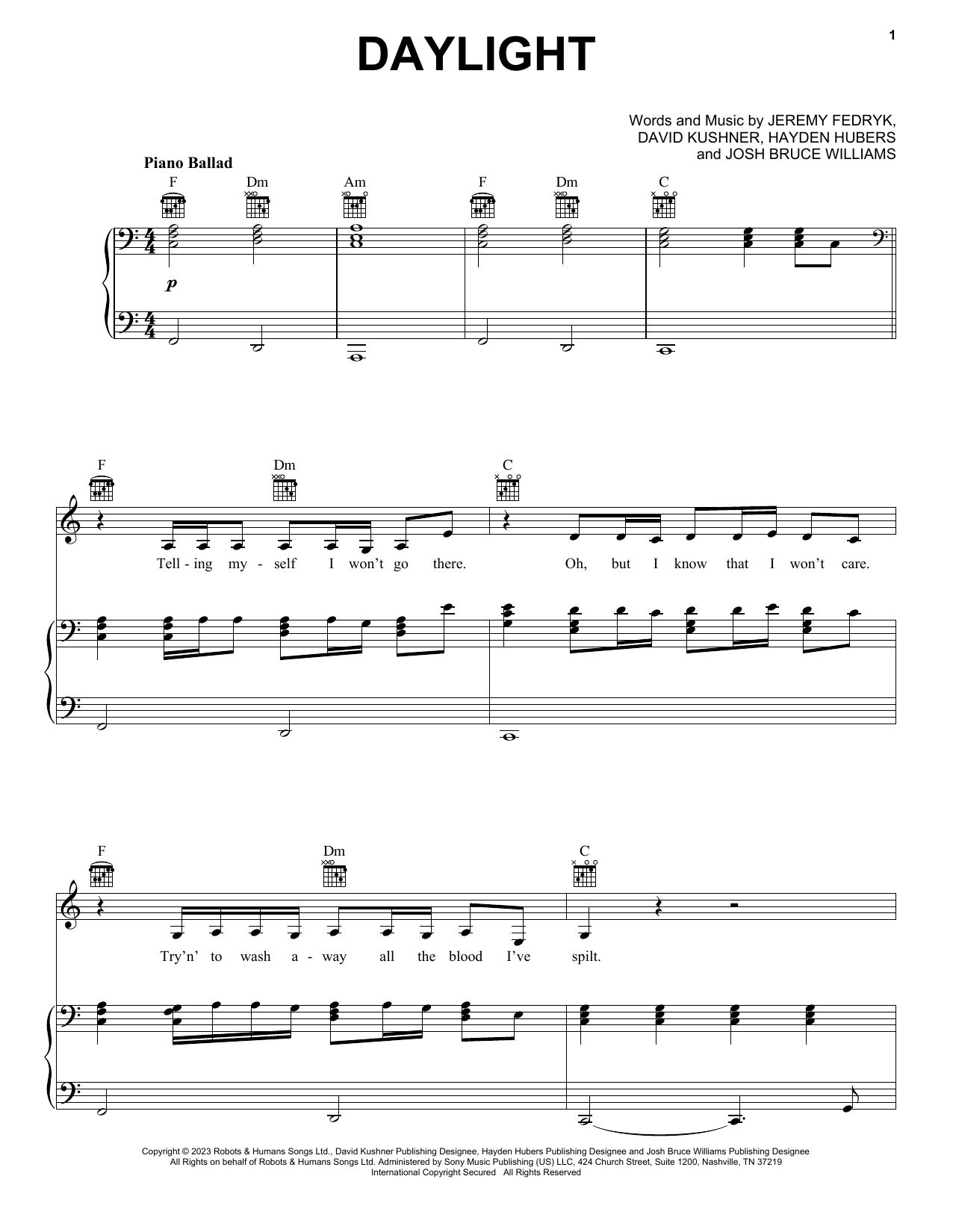 David Kushner Daylight sheet music notes and chords. Download Printable PDF.