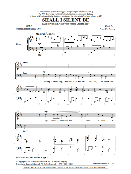 David L Brunner Shall I Silent Be Sheet Music Pdf Notes Chords Concert Score Satb Choir Download Printable Sku 94677