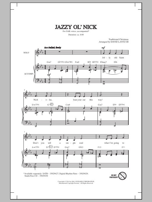 Learn to play David Lantz III Jazzy Ol' Nick sheet music for SAB Choir in minutes. Price: 3.9900$ David Lantz III Jazzy Ol' Nick sheet music notes and chords arranged for SAB Choir