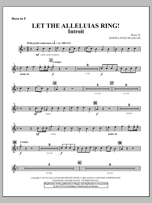 Learn to play David Lantz III Let The Alleluias Ring! (Introit And Benediction) - F Horn sheet music for Choir Instrumental Pak in minutes. David Lantz III Let The Alleluias Ring! (Introit And Benediction) - F Horn sheet music notes and chords. Download Printable PDF.