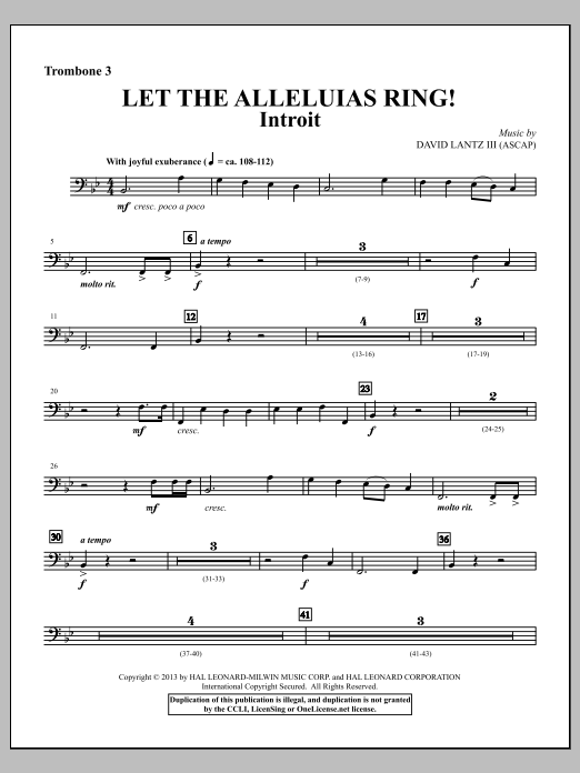 Learn to play David Lantz III Let The Alleluias Ring! (Introit And Benediction) - Trombone 3 sheet music for Choir Instrumental Pak in minutes. David Lantz III Let The Alleluias Ring! (Introit And Benediction) - Trombone 3 sheet music notes and chords. Download Printable PDF.