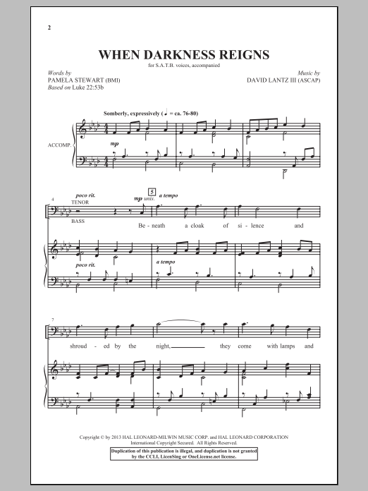 Learn to play David Lantz III When Darkness Reigns sheet music for SATB Choir in minutes. David Lantz III When Darkness Reigns sheet music notes and chords