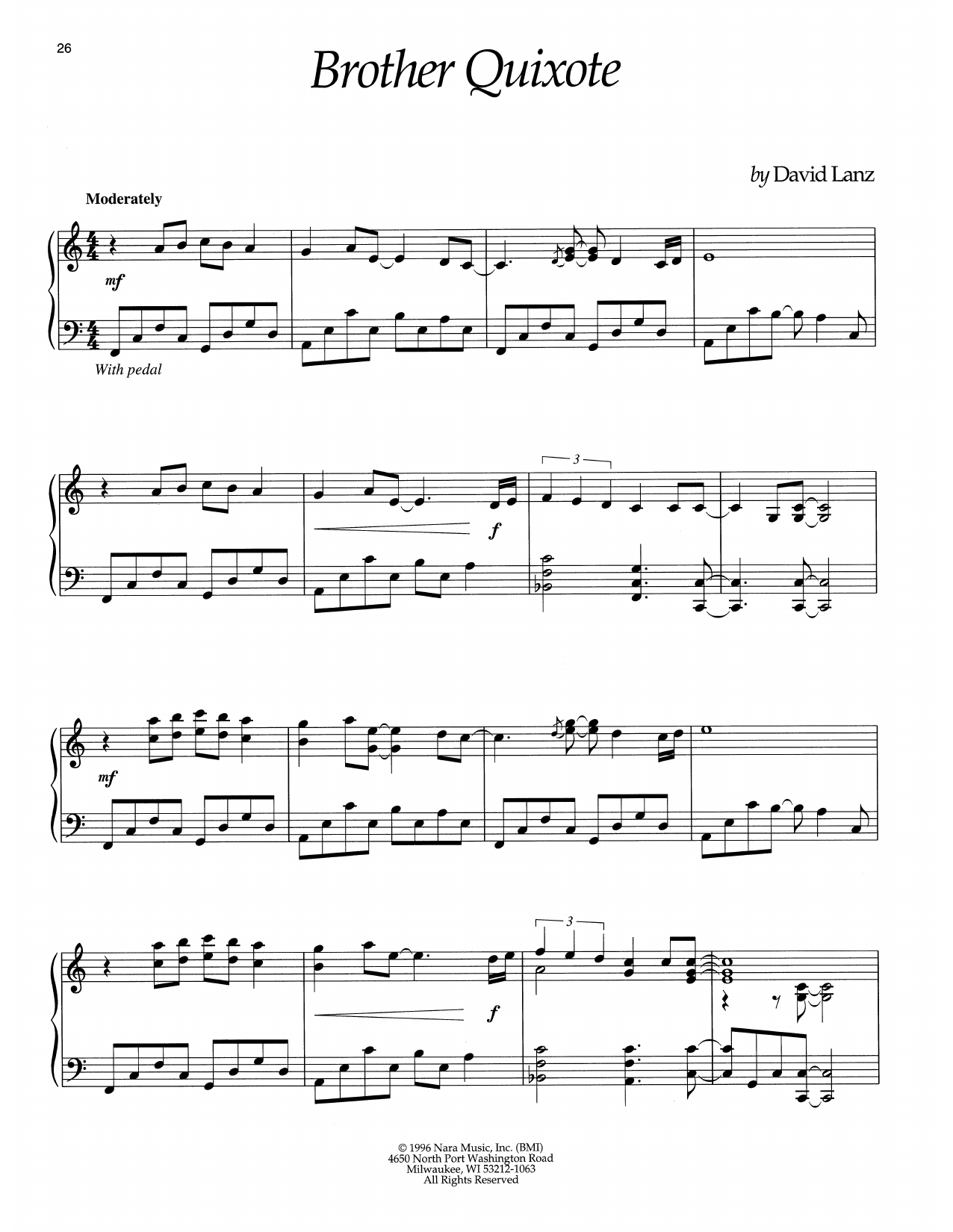 David Lanz Brother Quixote sheet music notes and chords. Download Printable PDF.