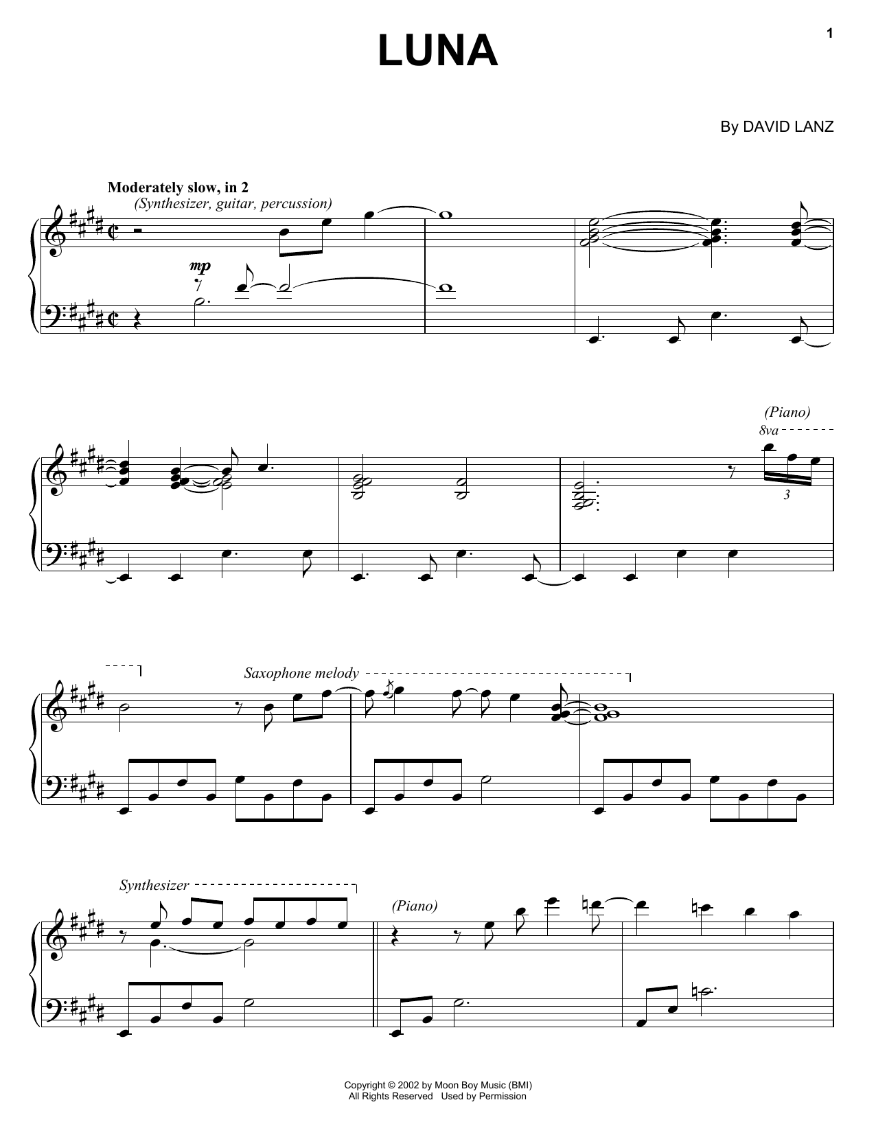 David Lanz Luna sheet music notes and chords. Download Printable PDF.