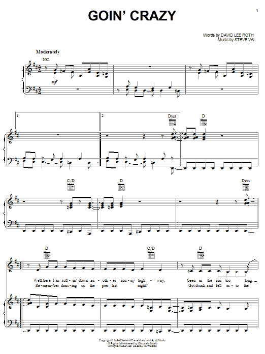 Learn to play David Lee Roth Goin' Crazy sheet music for Guitar Tab in minutes. David Lee Roth Goin' Crazy sheet music notes and chords. Download Printable PDF.