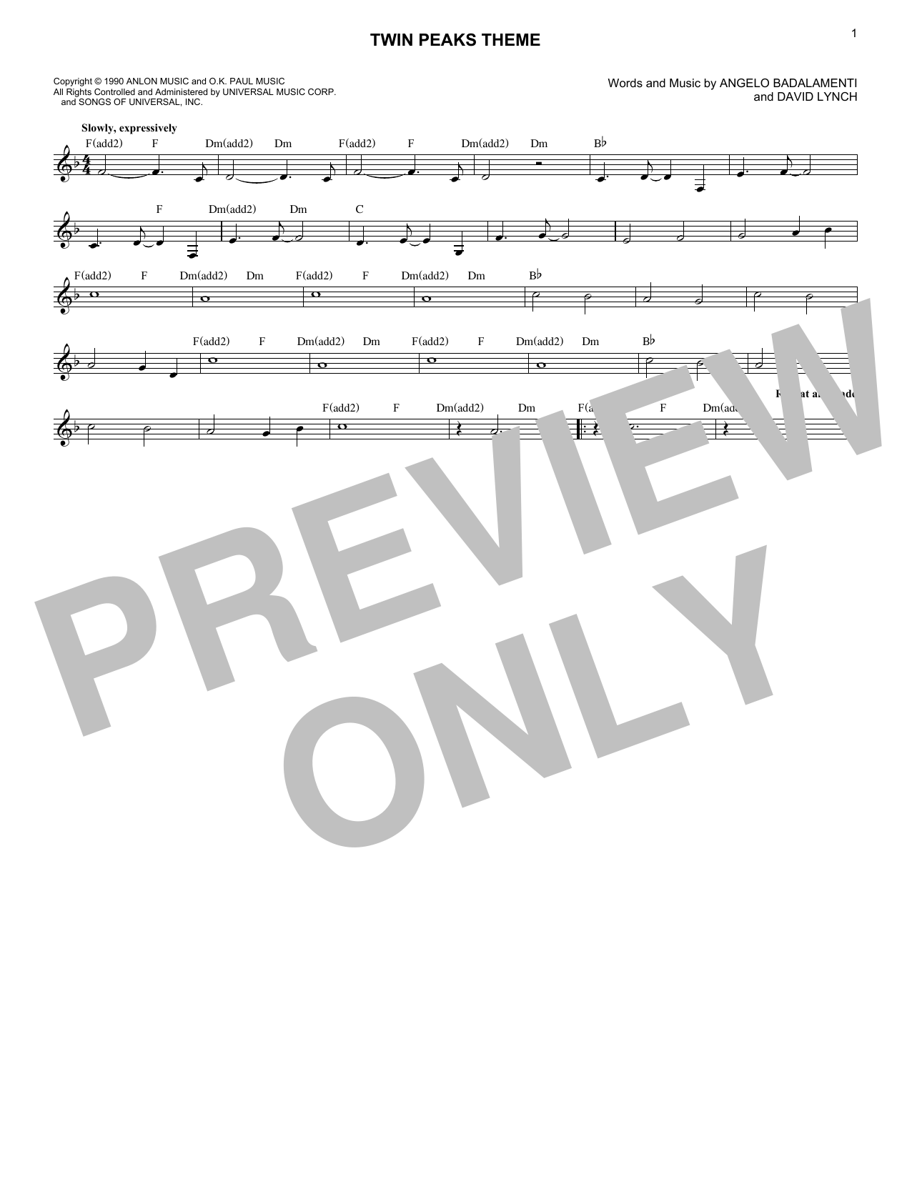 David Lynch Twin Peaks Theme sheet music notes and chords. Download Printable PDF.