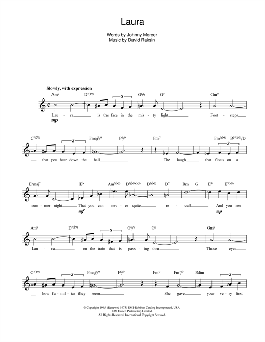 Learn to play David Raksin Laura sheet music for Lead Sheet / Fake Book in minutes. David Raksin Laura sheet music notes and chords. Download Printable PDF.