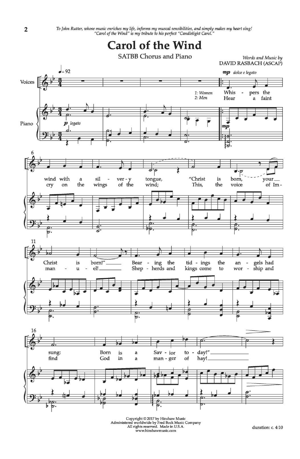 David Rasbach Carol Of The Wind sheet music notes and chords. Download Printable PDF.