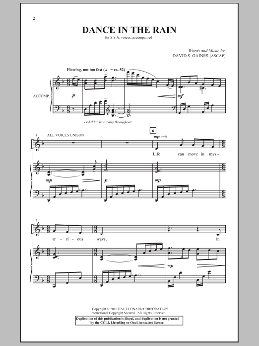 Learn to play David S. Gaines Dance In The Rain sheet music for SSA Choir in minutes. Price: 3.9900$ David S. Gaines Dance In The Rain sheet music notes and chords arranged for SSA Choir
