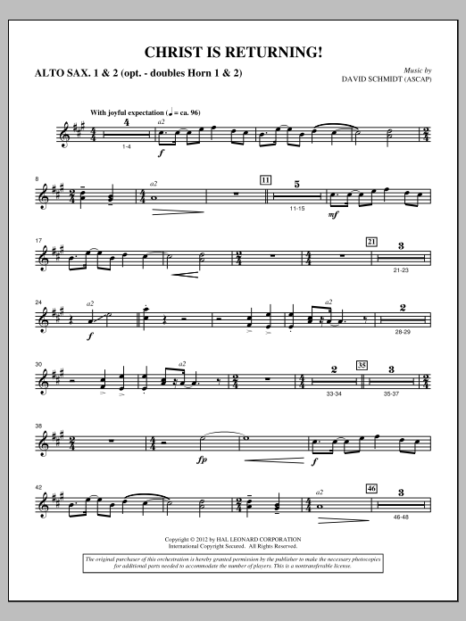 Learn to play David Schmidt Christ Is Returning! - Alto Sax 1,2 sheet music for Choir Instrumental Pak in minutes. Price: 8.9900$ David Schmidt Christ Is Returning! - Alto Sax 1,2 sheet music notes and chords arranged for Choir Instrumental Pak