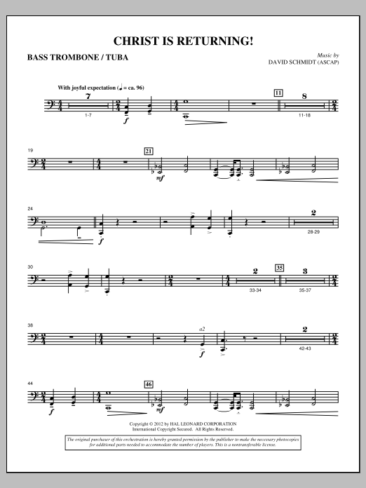 Learn to play David Schmidt Christ Is Returning! - Bass Trombone/Tuba sheet music for Choir Instrumental Pak in minutes. Price: 8.9900$ David Schmidt Christ Is Returning! - Bass Trombone/Tuba sheet music notes and chords arranged for Choir Instrumental Pak