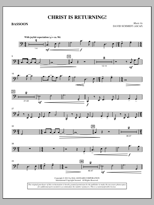 Learn to play David Schmidt Christ Is Returning! - Bassoon sheet music for Choir Instrumental Pak in minutes. Price: 8.9900$ David Schmidt Christ Is Returning! - Bassoon sheet music notes and chords arranged for Choir Instrumental Pak