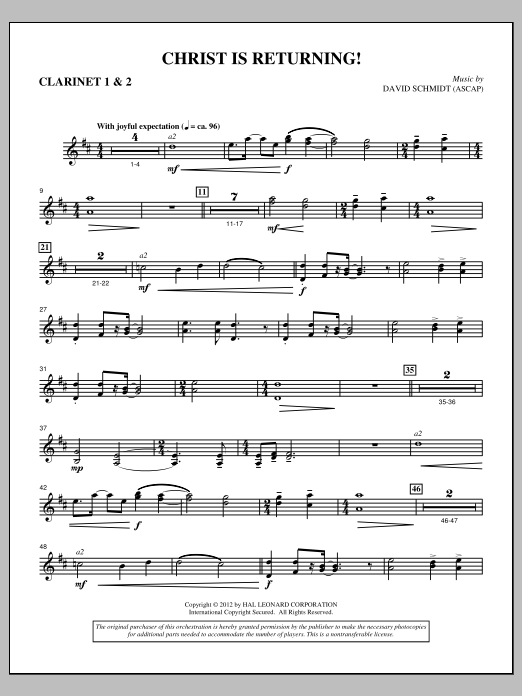 Learn to play David Schmidt Christ Is Returning! - Bb Clarinet 1,2 sheet music for Choir Instrumental Pak in minutes. Price: 8.9900$ David Schmidt Christ Is Returning! - Bb Clarinet 1,2 sheet music notes and chords arranged for Choir Instrumental Pak