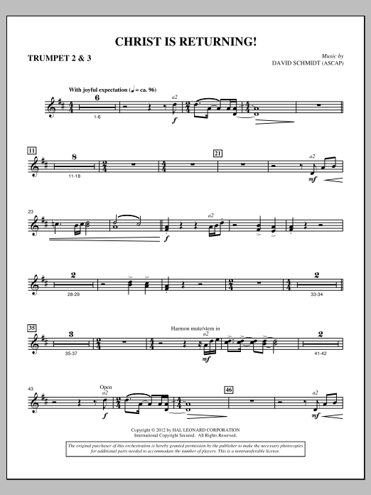 Learn to play David Schmidt Christ Is Returning! - Bb Trumpet 2,3 sheet music for Choir Instrumental Pak in minutes. Price: 8.9900$ David Schmidt Christ Is Returning! - Bb Trumpet 2,3 sheet music notes and chords arranged for Choir Instrumental Pak