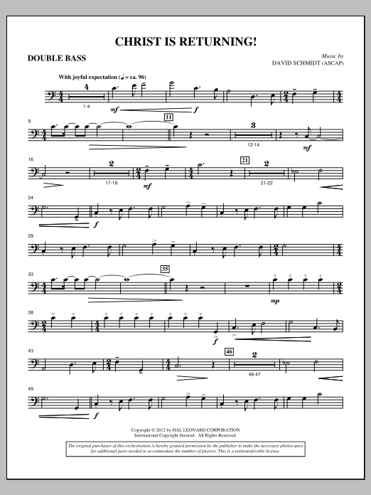 Learn to play David Schmidt Christ Is Returning! - Double Bass sheet music for Choir Instrumental Pak in minutes. Price: 8.9900$ David Schmidt Christ Is Returning! - Double Bass sheet music notes and chords arranged for Choir Instrumental Pak