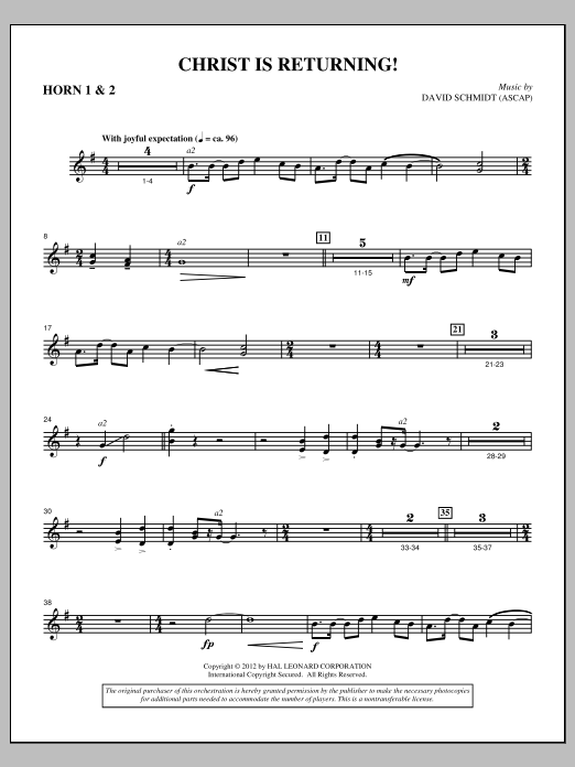 Learn to play David Schmidt Christ Is Returning! - F Horn 1,2 sheet music for Choir Instrumental Pak in minutes. Price: 8.9900$ David Schmidt Christ Is Returning! - F Horn 1,2 sheet music notes and chords arranged for Choir Instrumental Pak