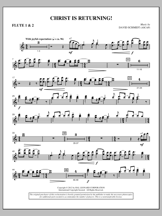 Learn to play David Schmidt Christ Is Returning! - Flute 1 & 2 sheet music for Choir Instrumental Pak in minutes. Price: 8.9900$ David Schmidt Christ Is Returning! - Flute 1 & 2 sheet music notes and chords arranged for Choir Instrumental Pak