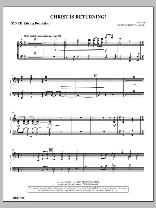 Learn to play David Schmidt Christ Is Returning! - Keyboard String Reduction sheet music for Choir Instrumental Pak in minutes. Price: 8.9900$ David Schmidt Christ Is Returning! - Keyboard String Reduction sheet music notes and chords arranged for Choir Instrumental Pak