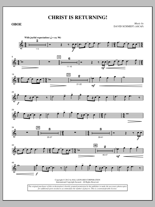 Learn to play David Schmidt Christ Is Returning! - Oboe sheet music for Choir Instrumental Pak in minutes. Price: 8.9900$ David Schmidt Christ Is Returning! - Oboe sheet music notes and chords arranged for Choir Instrumental Pak