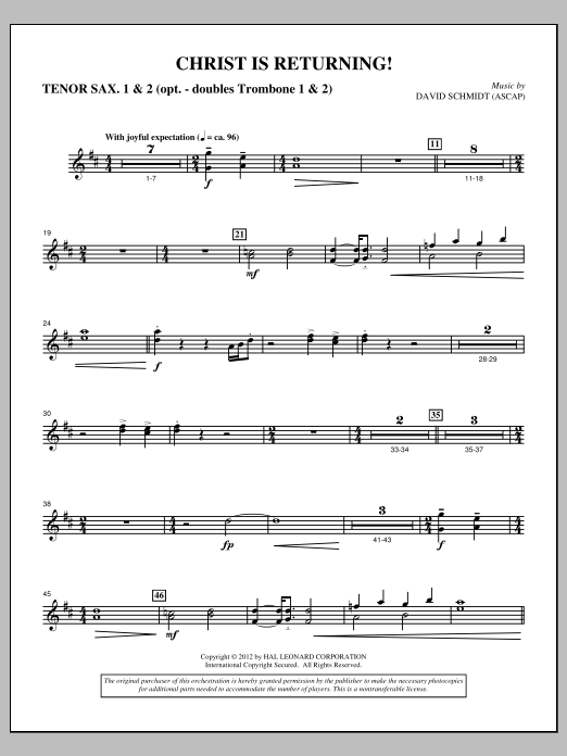 Learn to play David Schmidt Christ Is Returning! - Tenor Saxophone 1 & 2 in Bb sheet music for Choir Instrumental Pak in minutes. Price: 8.9900$ David Schmidt Christ Is Returning! - Tenor Saxophone 1 & 2 in Bb sheet music notes and chords arranged for Choir Instrumental Pak