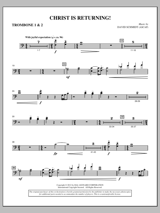 Learn to play David Schmidt Christ Is Returning! - Trombone 1 & 2 sheet music for Choir Instrumental Pak in minutes. Price: 8.9900$ David Schmidt Christ Is Returning! - Trombone 1 & 2 sheet music notes and chords arranged for Choir Instrumental Pak