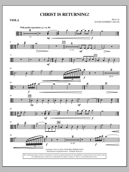 Learn to play David Schmidt Christ Is Returning! - Viola sheet music for Choir Instrumental Pak in minutes. Price: 8.9900$ David Schmidt Christ Is Returning! - Viola sheet music notes and chords arranged for Choir Instrumental Pak
