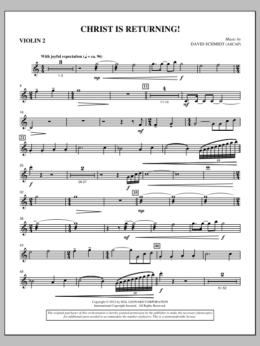 Learn to play David Schmidt Christ Is Returning! - Violin 2 sheet music for Choir Instrumental Pak in minutes. Price: 8.9900$ David Schmidt Christ Is Returning! - Violin 2 sheet music notes and chords arranged for Choir Instrumental Pak