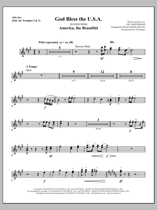 Learn to play David Schmidt God Bless The U.S.A. - Alto Sax (sub. Trumpet 2-3) sheet music for Choir Instrumental Pak in minutes. David Schmidt God Bless The U.S.A. - Alto Sax (sub. Trumpet 2-3) sheet music notes and chords. Download Printable PDF.