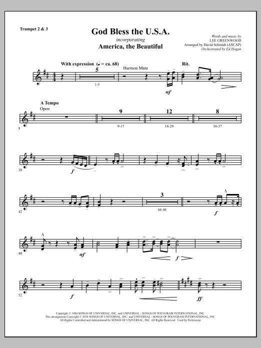 Learn to play David Schmidt God Bless The U.S.A. - Bb Trumpet 2,3 sheet music for Choir Instrumental Pak in minutes. David Schmidt God Bless The U.S.A. - Bb Trumpet 2,3 sheet music notes and chords. Download Printable PDF.