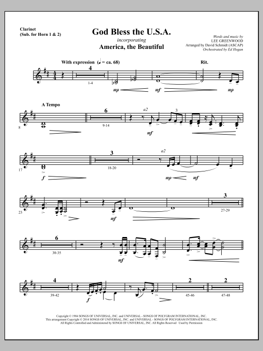 Learn to play David Schmidt God Bless The U.S.A. - Clarinet (sub. Horn 1-2) sheet music for Choir Instrumental Pak in minutes. David Schmidt God Bless The U.S.A. - Clarinet (sub. Horn 1-2) sheet music notes and chords. Download Printable PDF.