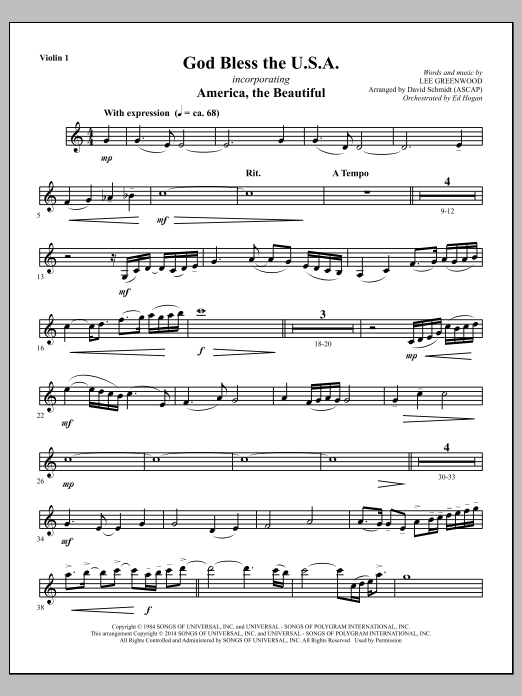 Learn to play David Schmidt God Bless The U.S.A. - Violin 1 sheet music for Choir Instrumental Pak in minutes. David Schmidt God Bless The U.S.A. - Violin 1 sheet music notes and chords. Download Printable PDF.