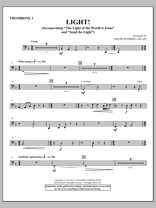 Learn to play David Schmidt Light! - Trombone 3 sheet music for Choir Instrumental Pak in minutes. David Schmidt Light! - Trombone 3 sheet music notes and chords. Download Printable PDF.