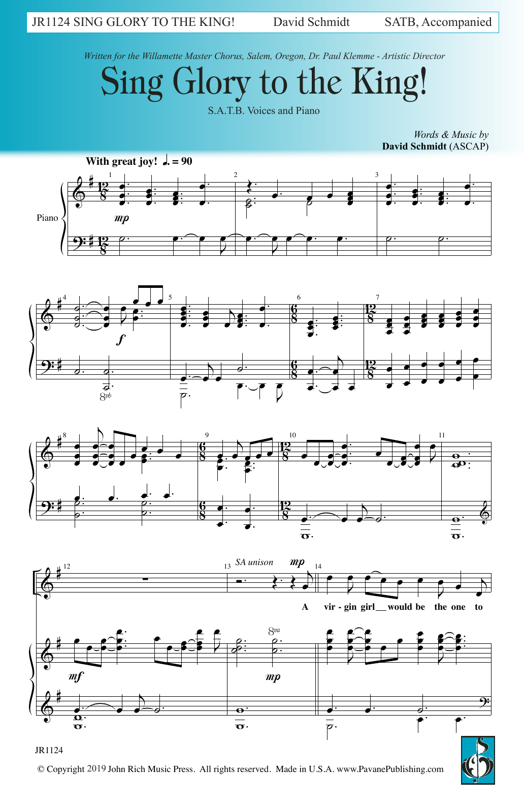 Learn to play David Schmidt Sing Glory to the King sheet music for SATB Choir in minutes. Price: 3.9900$ David Schmidt Sing Glory to the King sheet music notes and chords arranged for SATB Choir