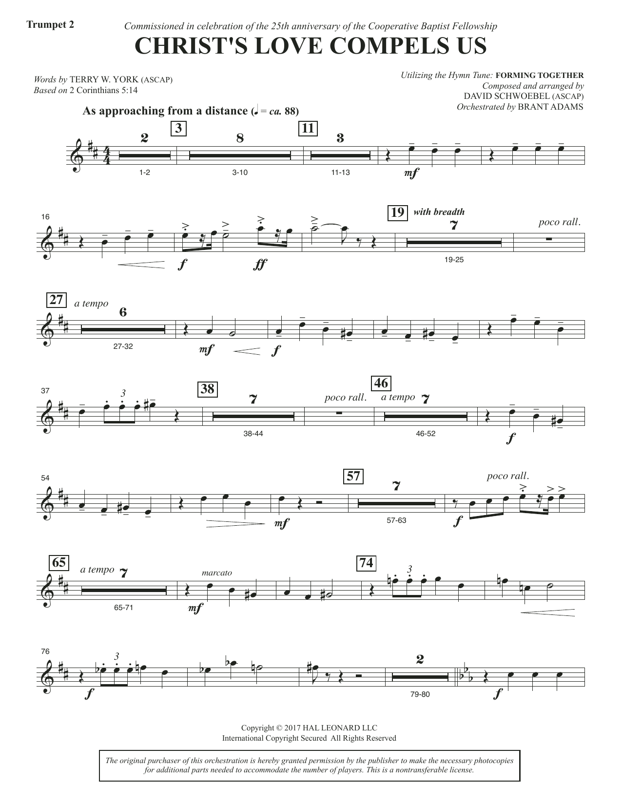 Learn to play David Schwoebel Christ's Love Compels Us - Bb Trumpet 2 sheet music for Choir Instrumental Pak in minutes. David Schwoebel Christ's Love Compels Us - Bb Trumpet 2 sheet music notes and chords. Download Printable PDF.