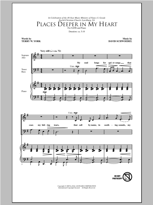 Learn to play David Schwoebel Places Deeper In My Heart sheet music for SATB Choir in minutes. Price: 3.9900$ David Schwoebel Places Deeper In My Heart sheet music notes and chords arranged for SATB Choir