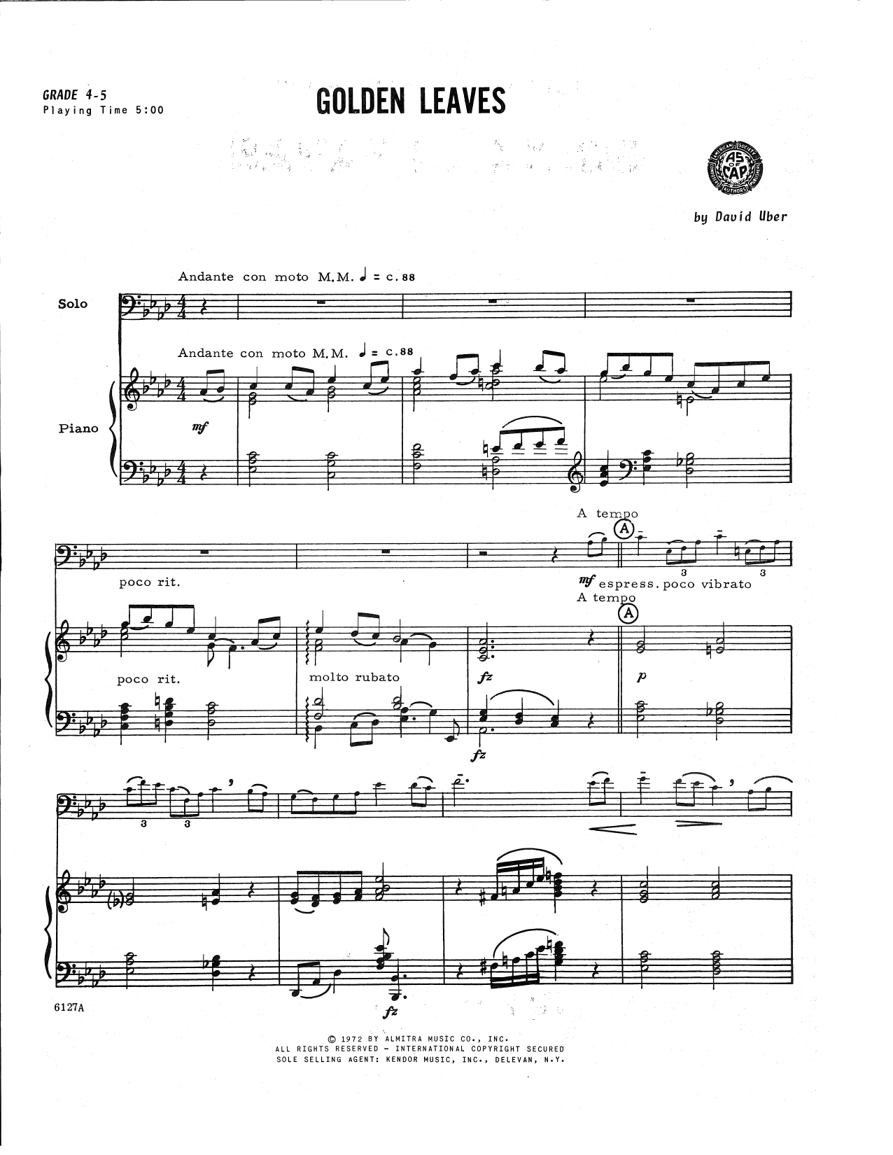 Learn to play David Uber Golden Leaves - Piano Accompaniment sheet music for Brass Solo in minutes. David Uber Golden Leaves - Piano Accompaniment sheet music notes and chords. Download Printable PDF.
