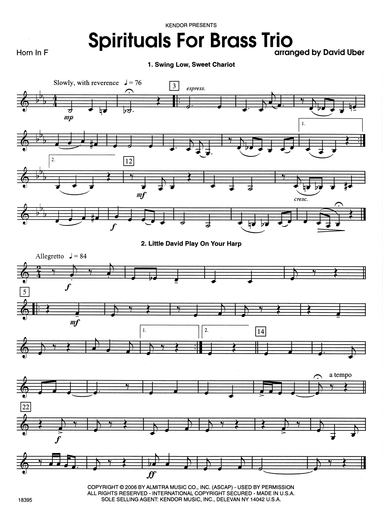 Learn to play David Uber Spirituals For Brass Trio - Horn in F sheet music for Brass Ensemble in minutes. David Uber Spirituals For Brass Trio - Horn in F sheet music notes and chords. Download Printable PDF.