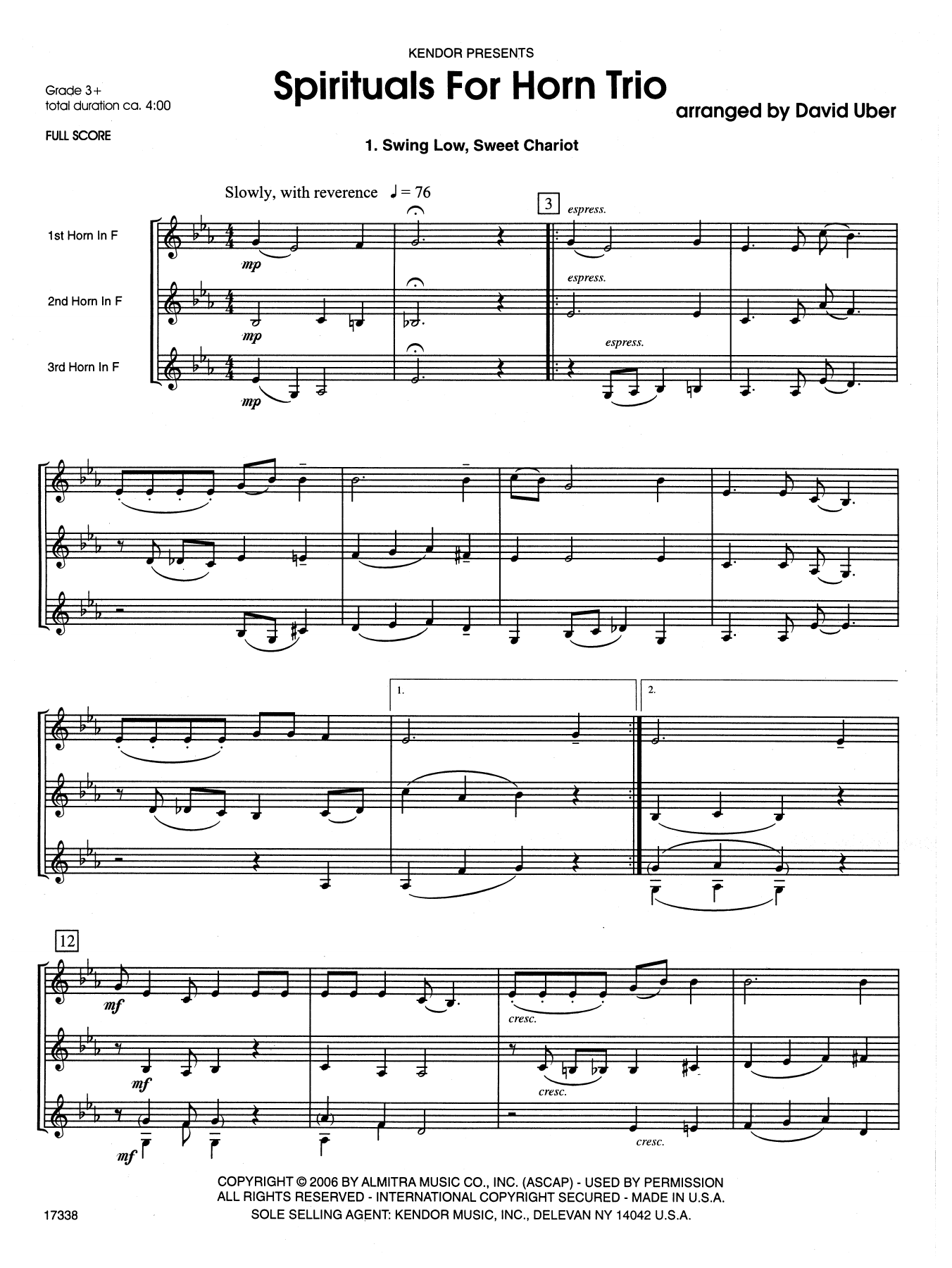 David Uber Spirituals For Horn Trio - Full Score sheet music notes and chords. Download Printable PDF.
