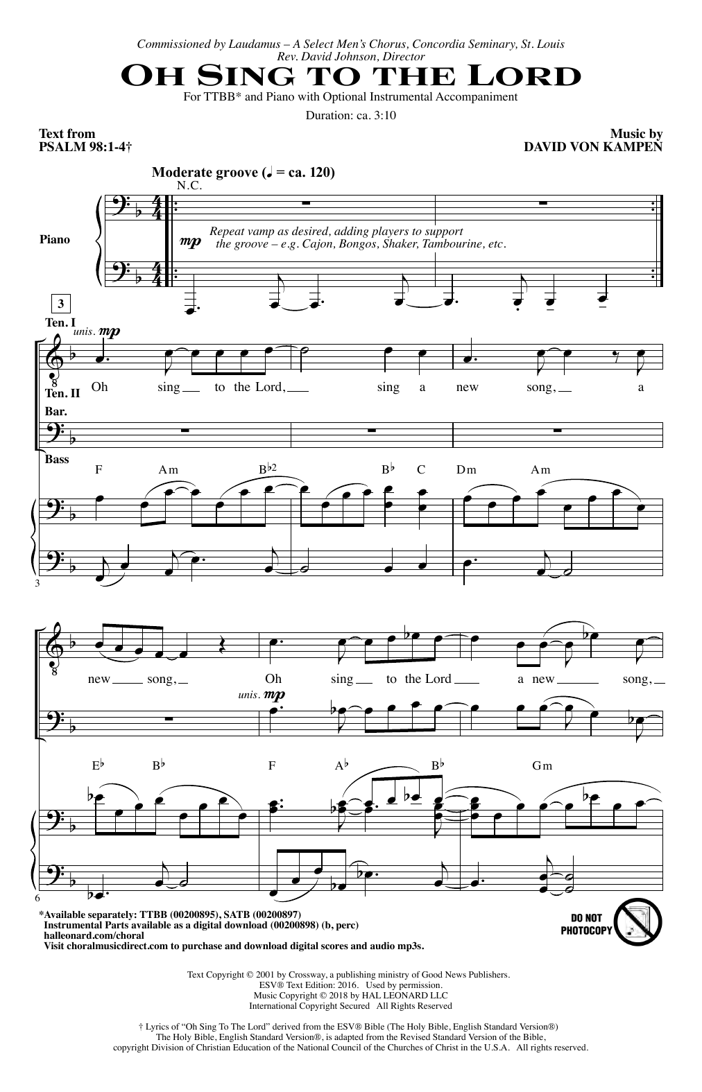 Learn to play David Von Kampen Oh Sing To The Lord sheet music for TTBB Choir in minutes. Price: 3.9900$ David Von Kampen Oh Sing To The Lord sheet music notes and chords arranged for TTBB Choir